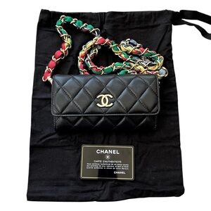 Chanel Quilted Lambskin Black Long Clutch Flap Bag with Multicolor Ribbon Chain